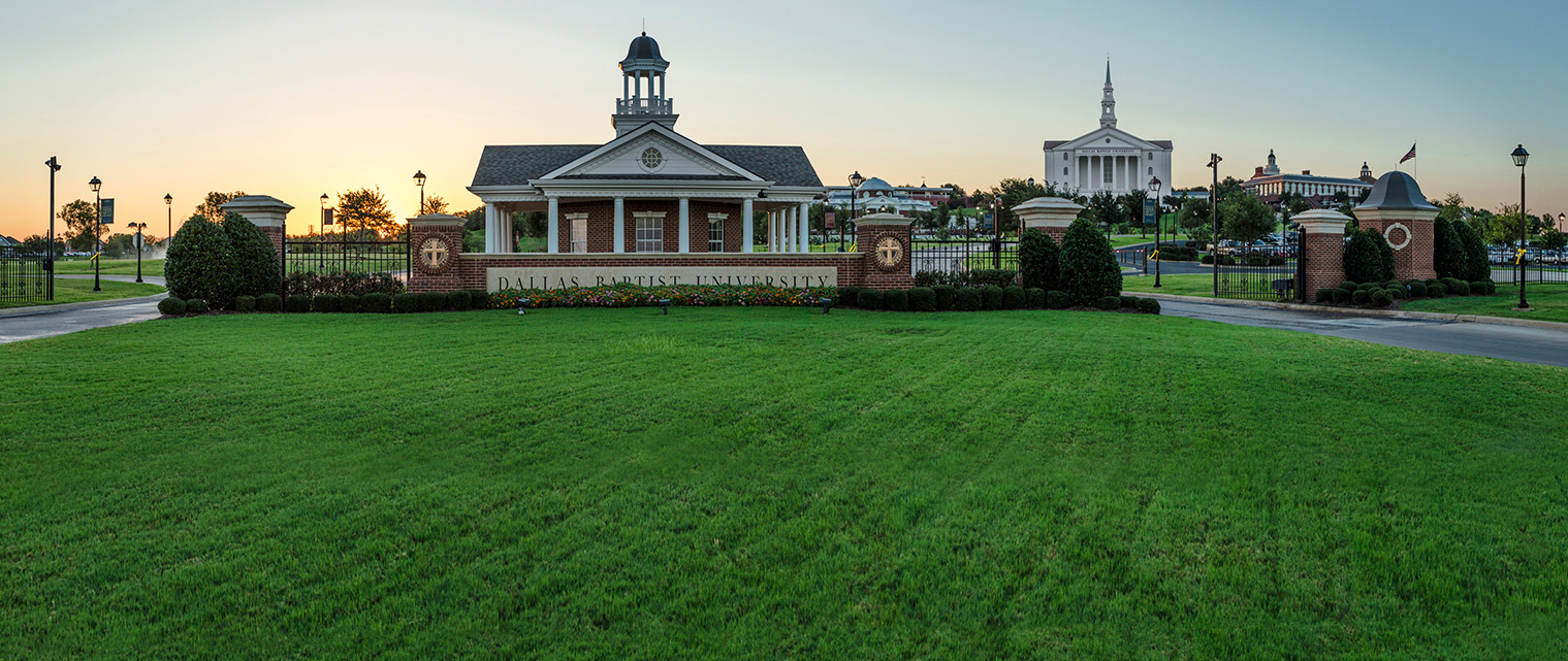 DBU entry looking at gatehouse, chapel, and campus