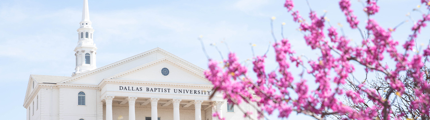 DBU Chapel with pink flowers in foreground