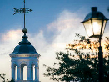 picture of a lamp with the top of the building in the background