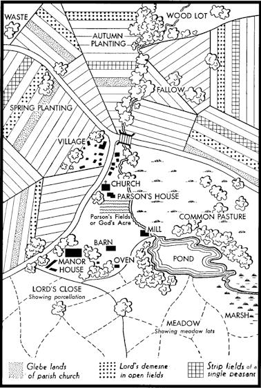 Map of divided land between te church, lord, and peasants