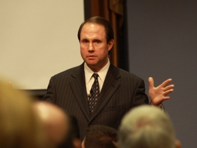 Dr. Jim Denison addresses faculty and staff during a luncheon held in conjunction with the 2012 Gallup Distinguished Lecture Series at Dallas Baptist University.