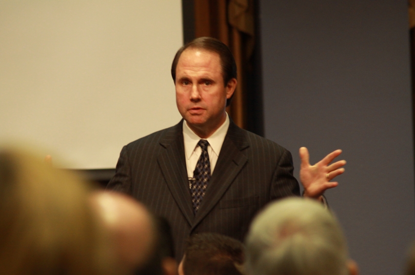 Dr. Jim Denison addresses faculty and staff during a luncheon held in conjunction with the 2012 Gallup Distinguished Lecture Series at Dallas Baptist University.