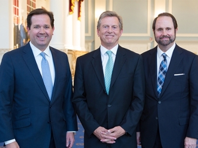 Dr. Peter Dysert with DBU President Dr. Adam C. Wright (left) and Co-founder and President of the Denison Forum on Truth and Culture and Senior Fellow for the IGE Dr. Jim Denison (right). Photo by: Brittni Bean.