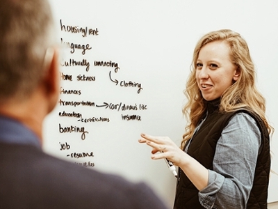 Elizabeth explains her business plan drawn on the whiteboard