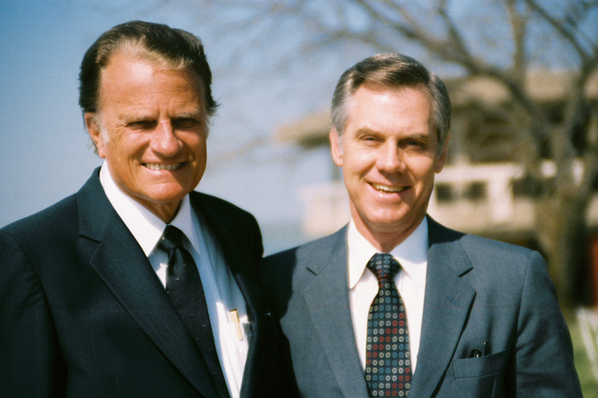 Dr. Billy Graham, along with then-pastor of Park Cities Baptist Church and former trustee, Dr. James Pleitz, at the commencement service held on the DBU campus in March of 1985.