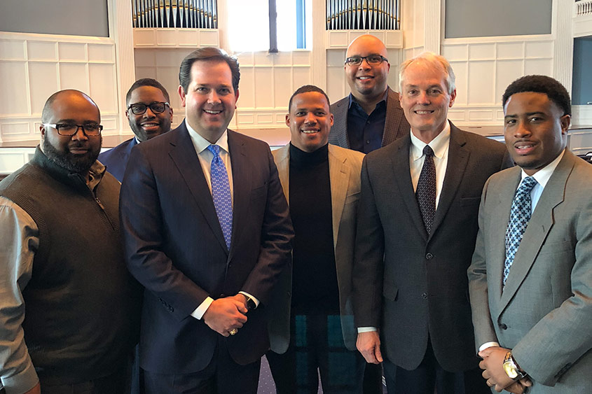 Pictured from left to right: Rev. Damien Williams, Rev. Kraig Pullam, Dr. Adam Wright, Rev. Bertrain Bailey, Rev. Stephan Davis, Sr., Dr. Gary Cook, and Rev. Tedrick Woods, Sr.