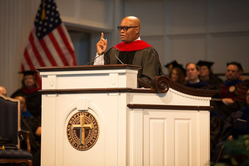 Chief Brown addresses the graduating class of 2018 from the chapel podium