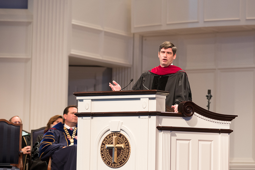 William Franklin Graham IV addresses the audience from the chapel podium