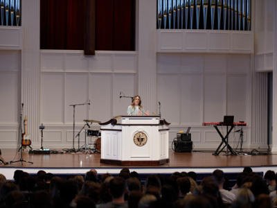 Dr. Fruge speaking in Chapel