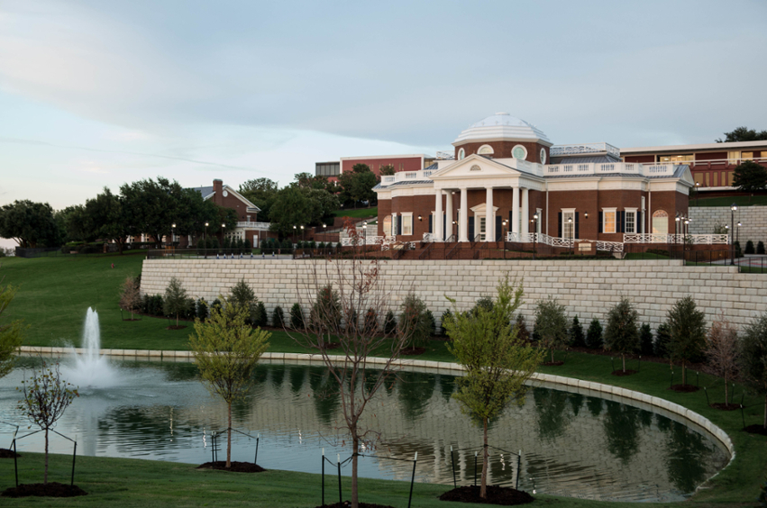 looking at Nation Hall with pond and Mountain Creek Lake in the background