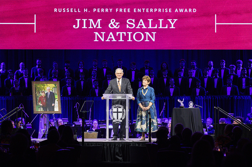 Jim and Sallay Nation standing on the stage at the Leadership Gala 2023