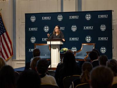 Tish Harrison Warren Speaking in the Great Hall on the DBU campus in Dallas