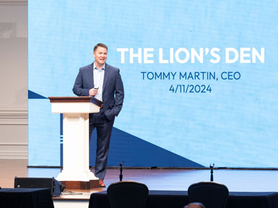 Tebow Group CEO Tommy Martin speaking at The Lion's Den DFW on the DBU campus