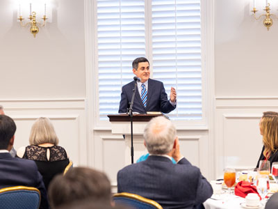 Dr. Russell Moore speaking in Ford Village at the DBU campus.