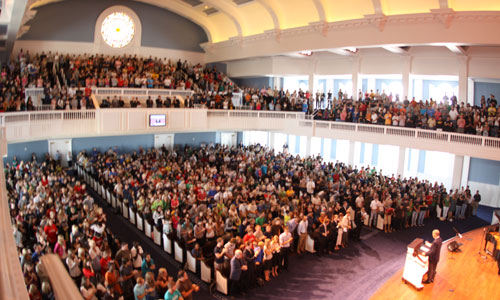 picture of the first Chapel Service held in the Pilgrim Chapel