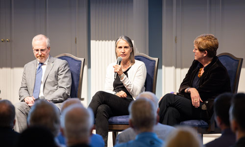 picture of Hill, Brailsford, and Stelzenmuller seated and listening to Liz Brailsford speak