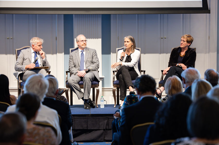 Fiona Hill, Constanze Stelzenmüller, and David J. Kramer speaking at DBU